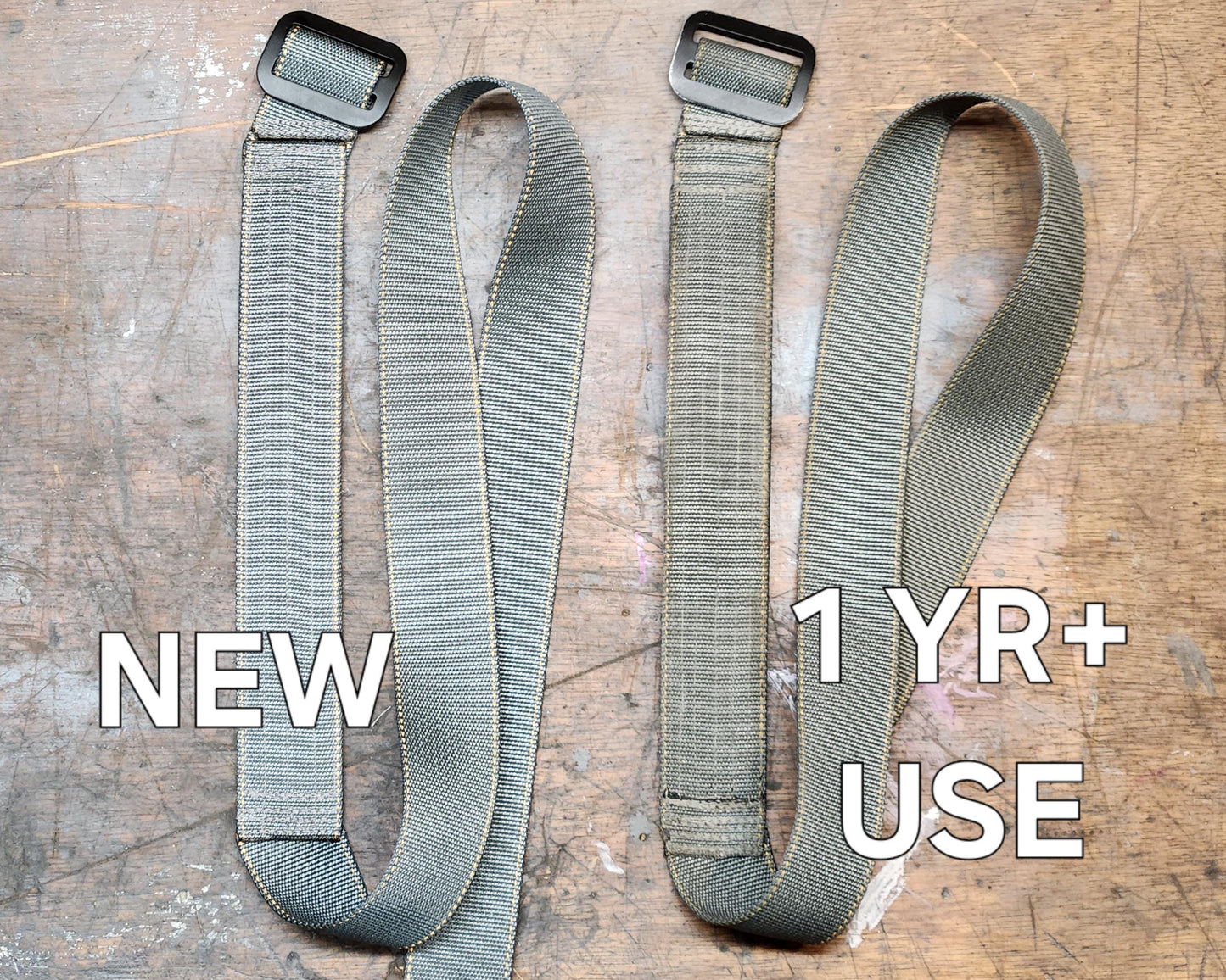 Gray Advanced AIWB CCW belts for appendix carry, one new and one used showing 1-year durability.