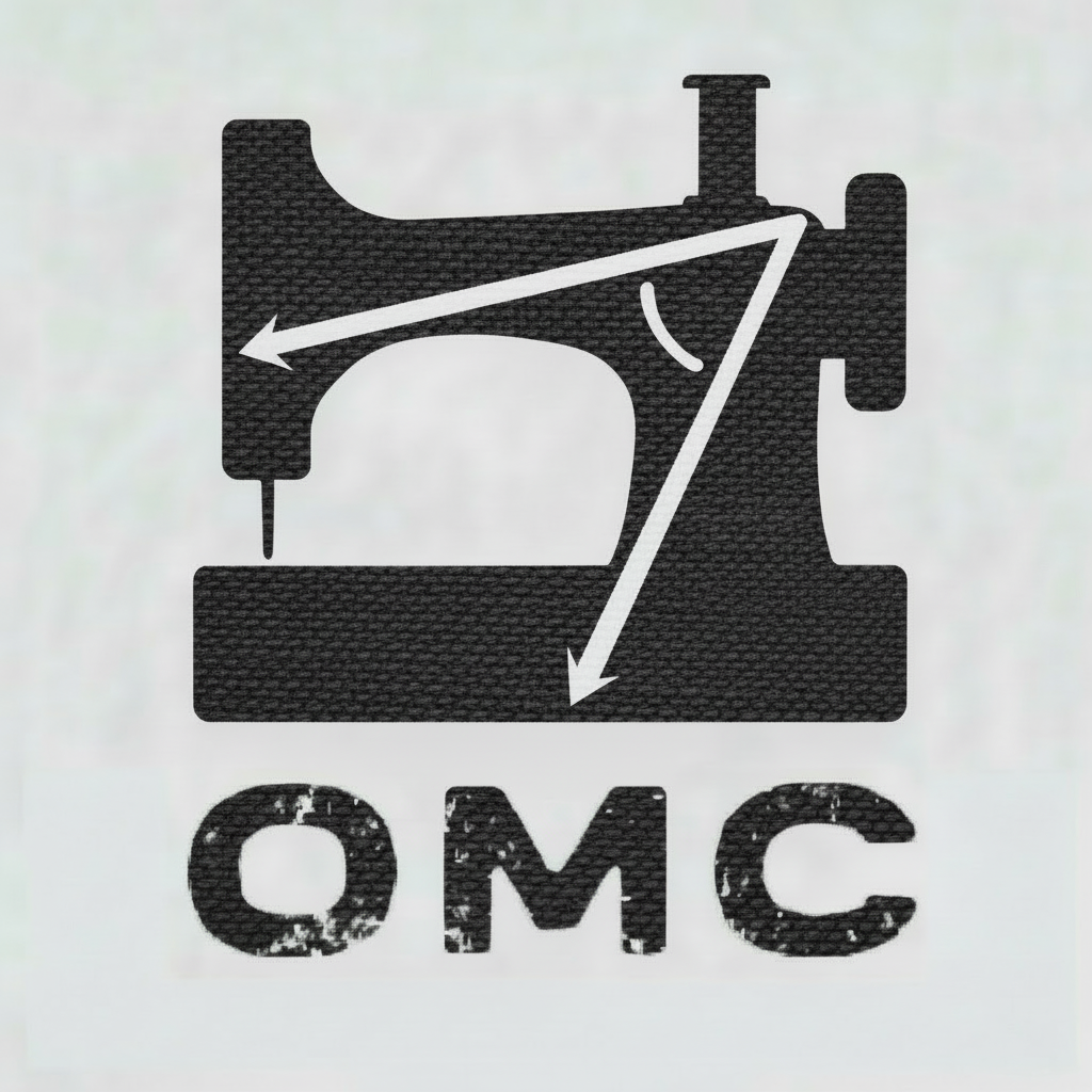 Logo with a mechanical design and 'OMC' text on a light gray background